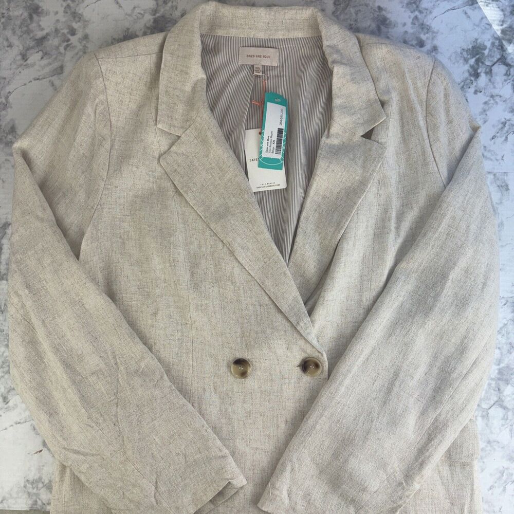 Skies Are Blue Linen Blend Double-Breasted Blazer in Light Beige